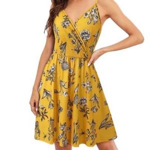 TRAC, Yellow W/Floral Print, V/Neck, Spaghetti Strap, Fit & Flare Dress, Size M